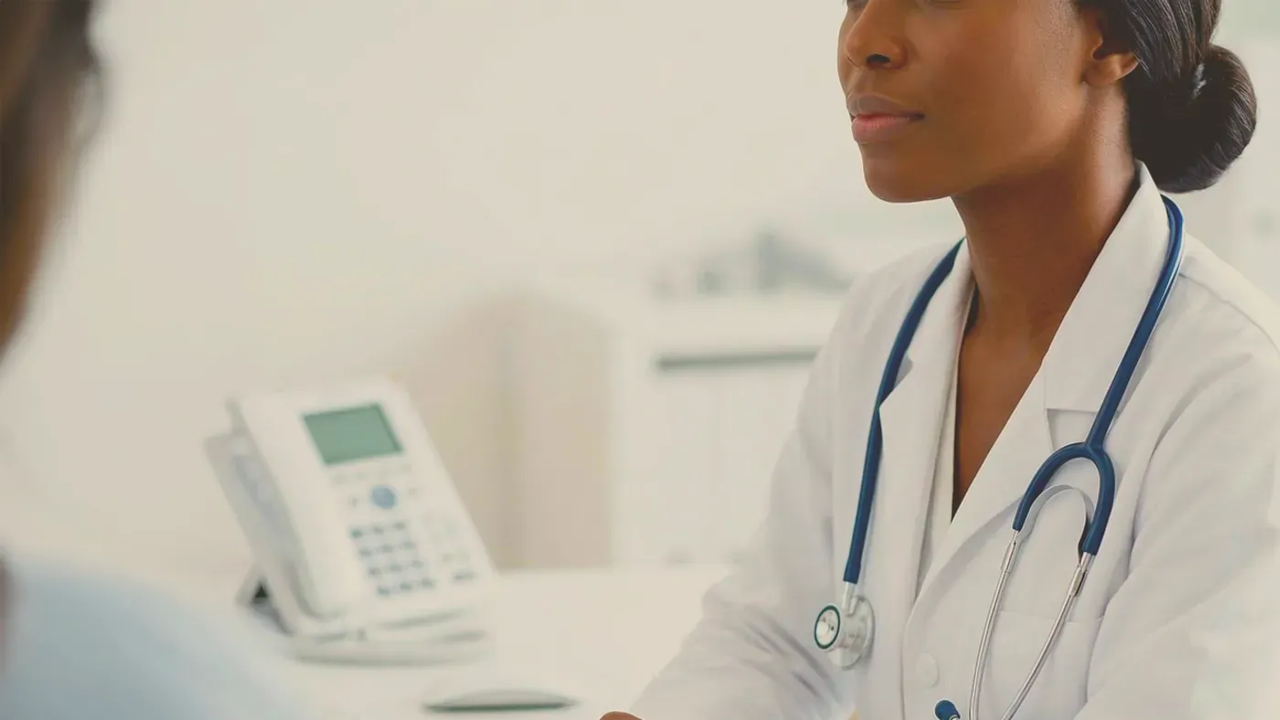 Kvinnlig läkare med stetoskop i samtal med en patient på en klinik